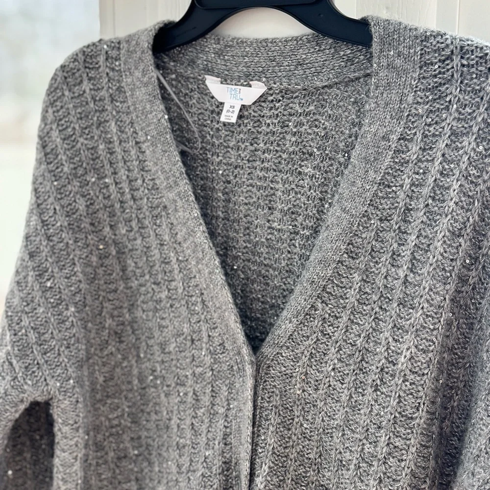 Time and Tru Sequin Cardigan Sweater Gray Ribbed Knit XS Holiday Shimmer Sparkle - Picture 7 of 10
